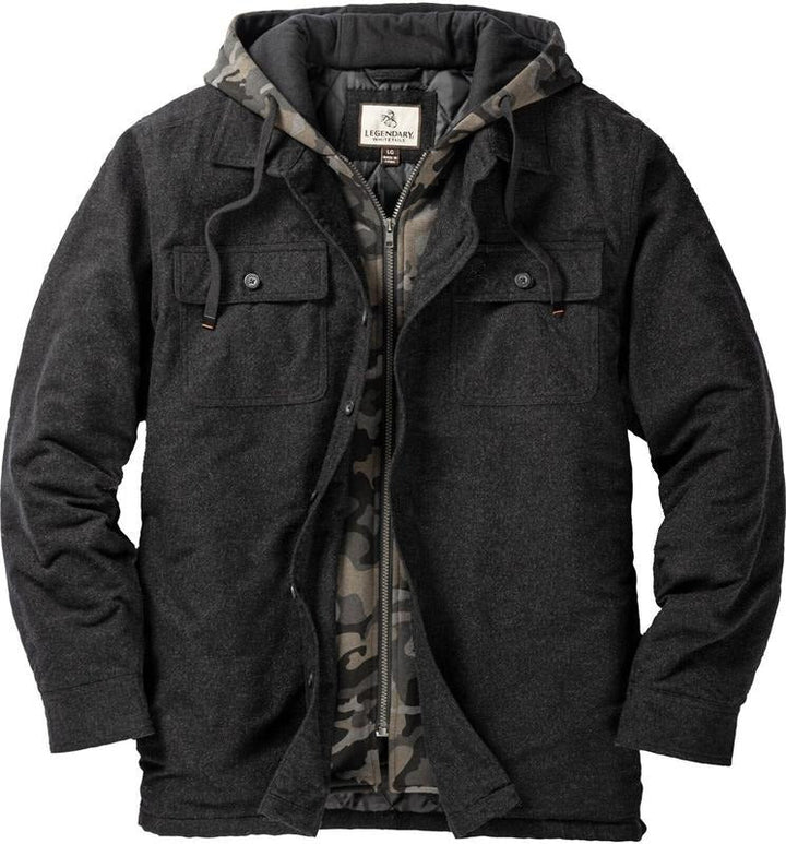 Comfortable men's hooded flannel jacket, featuring a quilted lining and button-front closure.