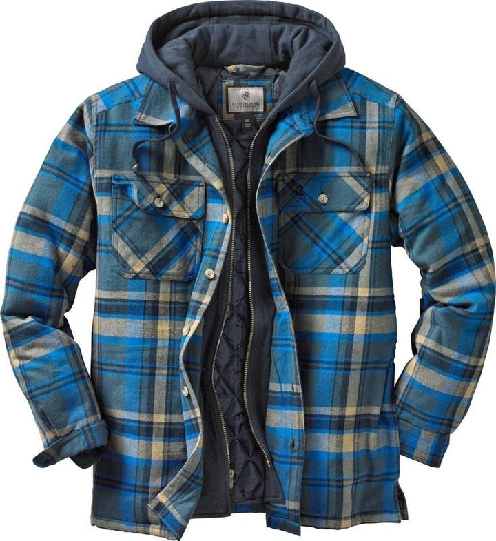 Durable men's cotton flannel jacket with hood for warmth, suitable for everyday casual wear.