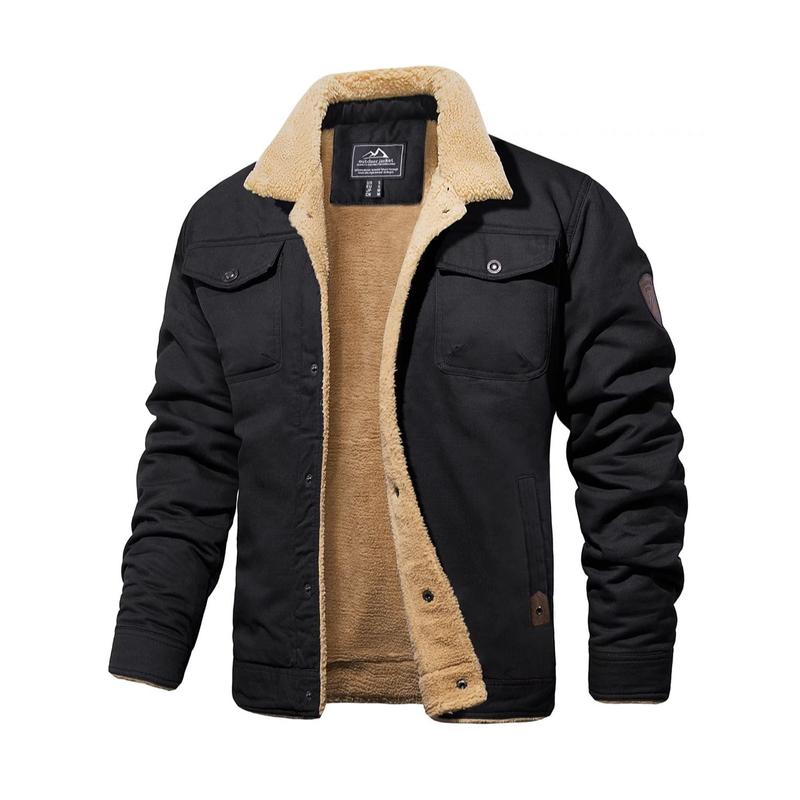 Men's warm sherpa-lined canvas winter jacket with button closure, front view.