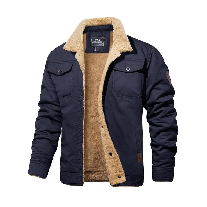 Stylish men's canvas jacket with sherpa collar, perfect casual outerwear for cold weather.