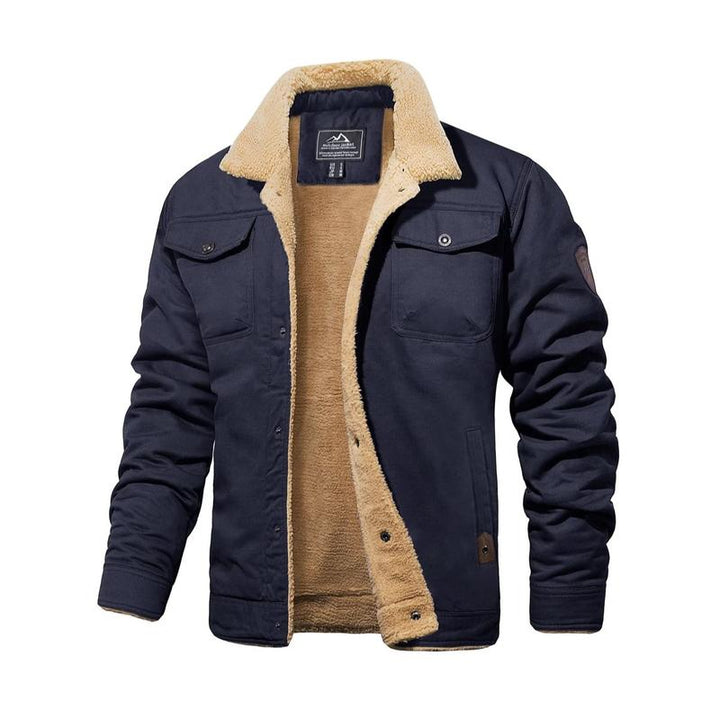 Stylish men's canvas jacket with sherpa collar, perfect casual outerwear for cold weather.