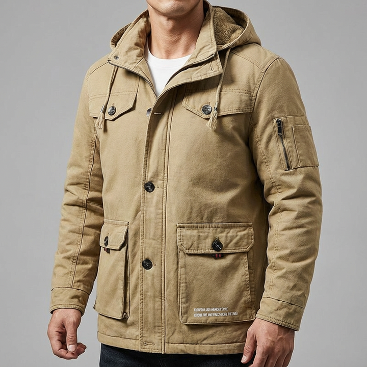 Men's warm winter parka coat, fleece-lined, with a detachable hood for cold weather outerwear