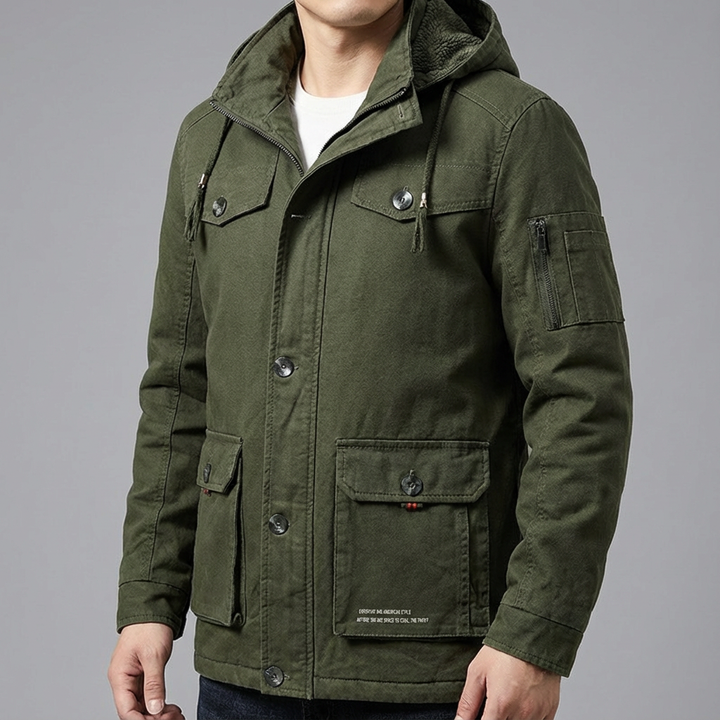 Insulated men's parka jacket with detachable hood, ideal for extreme cold weather and workwear