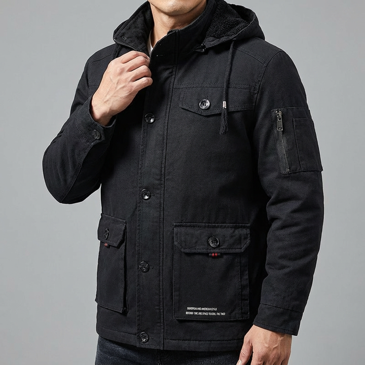 Close-up of the fleece lining inside a men's insulated parka jacket, showing warmth & comfort