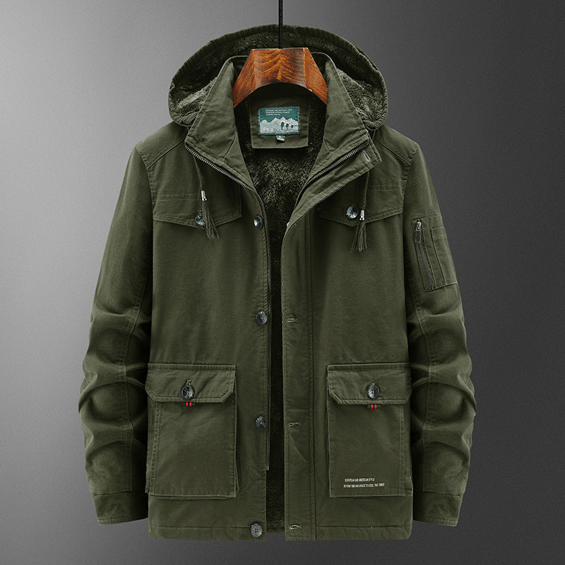 Detail of the durable fabric and zipper closure on a men's cold weather parka jacket