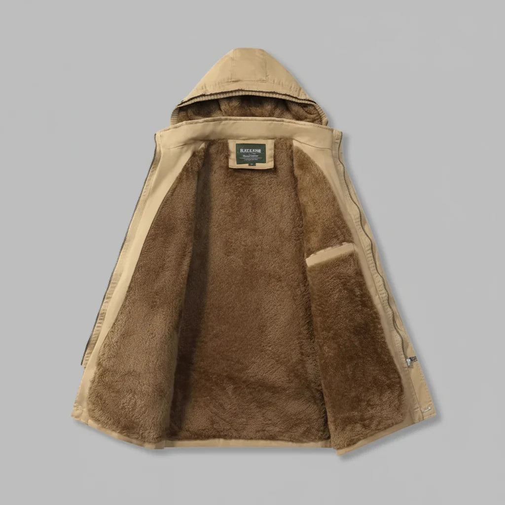 Back view of a men's heavy-duty winter parka coat, designed for ultimate warmth and protection