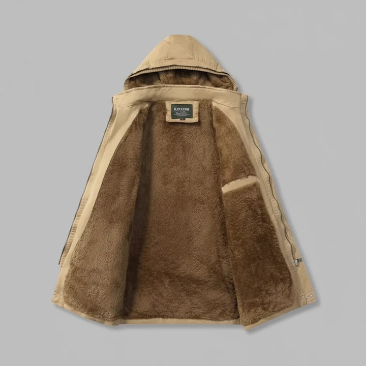 Back view of a men's heavy-duty winter parka coat, designed for ultimate warmth and protection