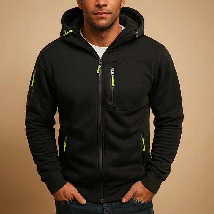 Men's warm zip hoodie with adjustable hood, perfect for everyday comfort and casual fall or winter style.