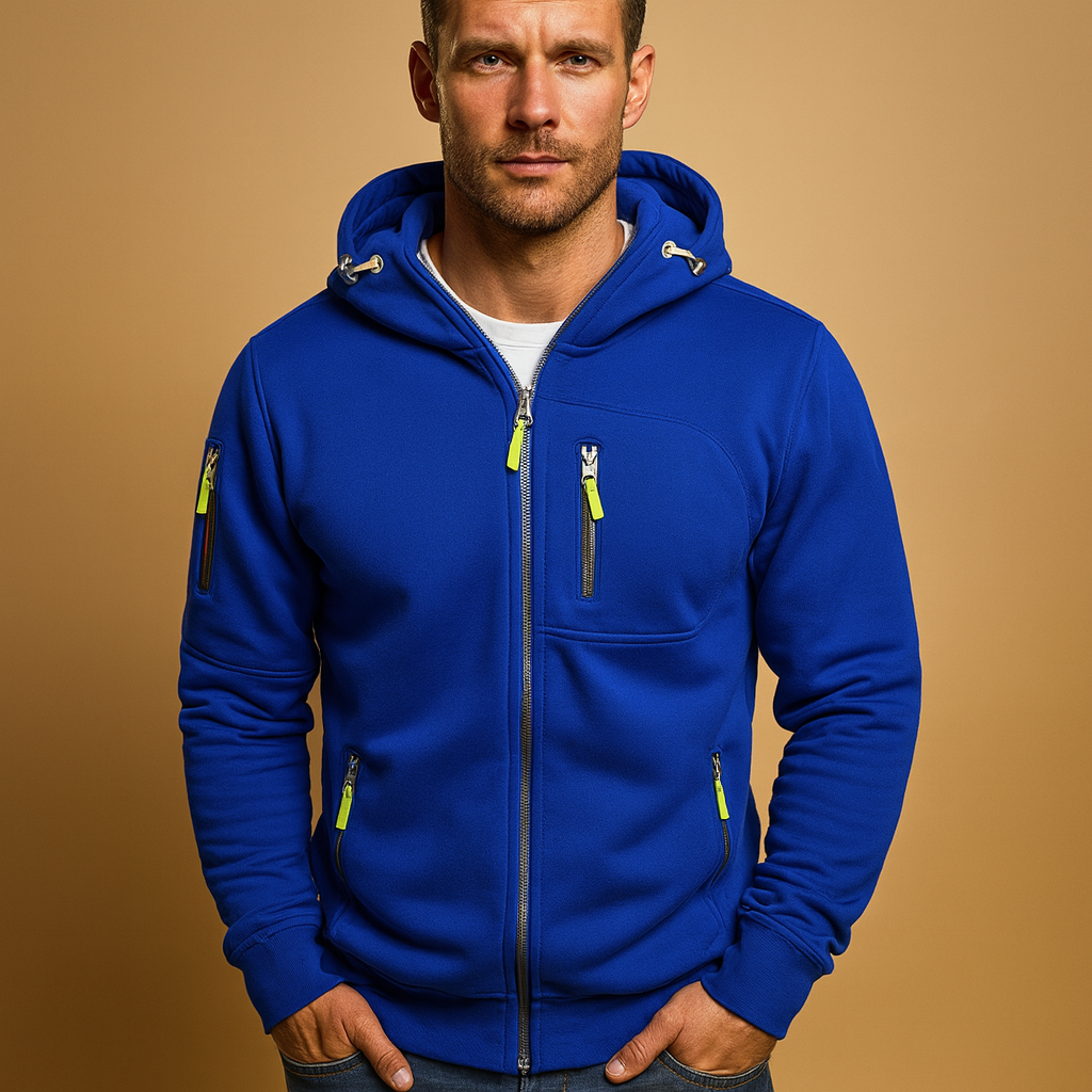 Sporty men's zip-up hoodie featuring an adjustable drawstring hood, ideal for layering and versatile outerwear.