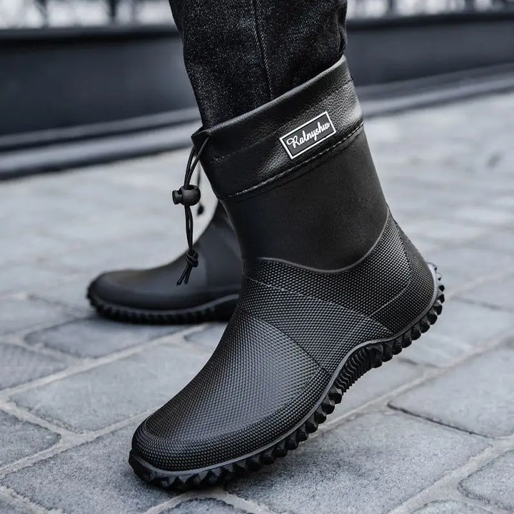 Rugged men's waterproof brown ankle work boots for outdoor use, comfort lining, PVC material
