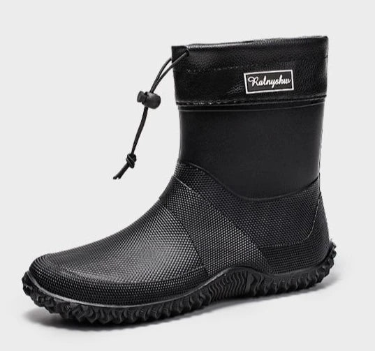 Close-up of men's waterproof ankle work boots with non-slip sole, reinforced stitching, durable
