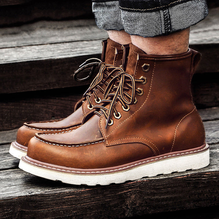 Close-up of the laces on men's waterproof chukka boots, showing secure and durable eyelets