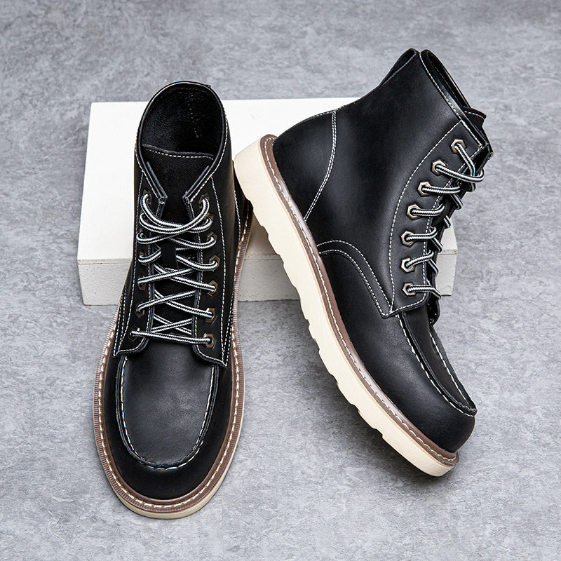 Detailed shot of the leather texture on men's waterproof chukka boots, showcasing quality