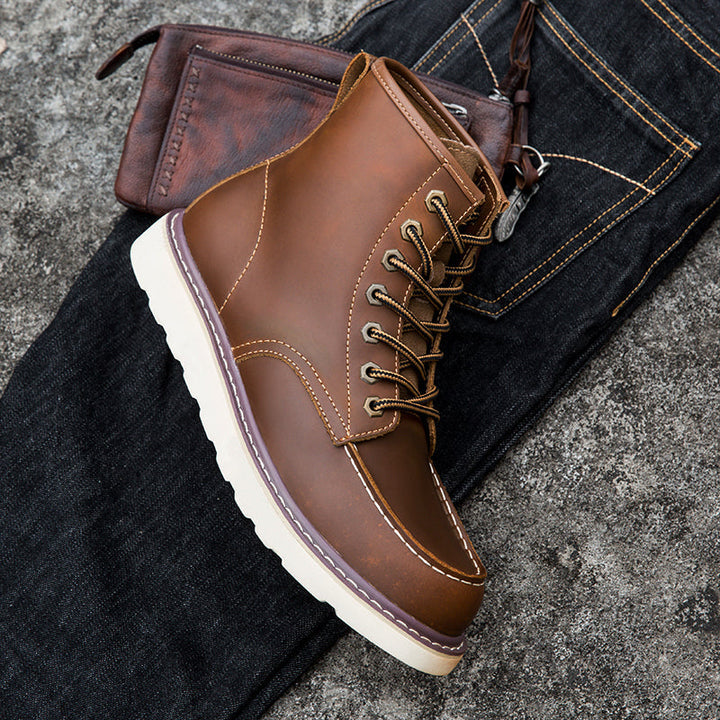 Pair of men's waterproof chukka boots from above, showcasing classic design and durable build