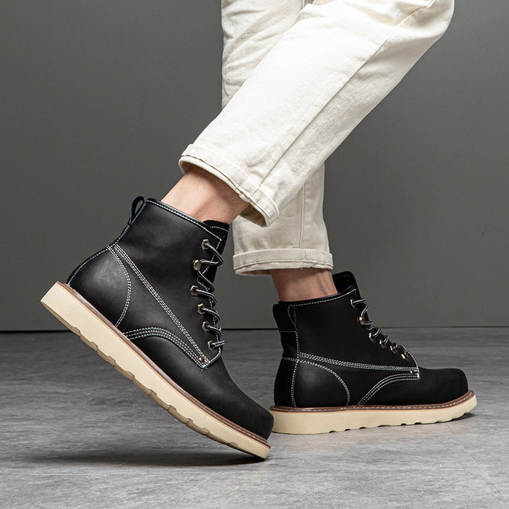 Men's chukka boots with a focus on their robust laces and secure fastening system, brown leather