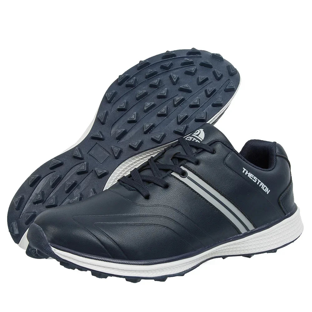 Breathable men's waterproof golf shoes with secure spike traction, ensuring comfort and stability on the green.