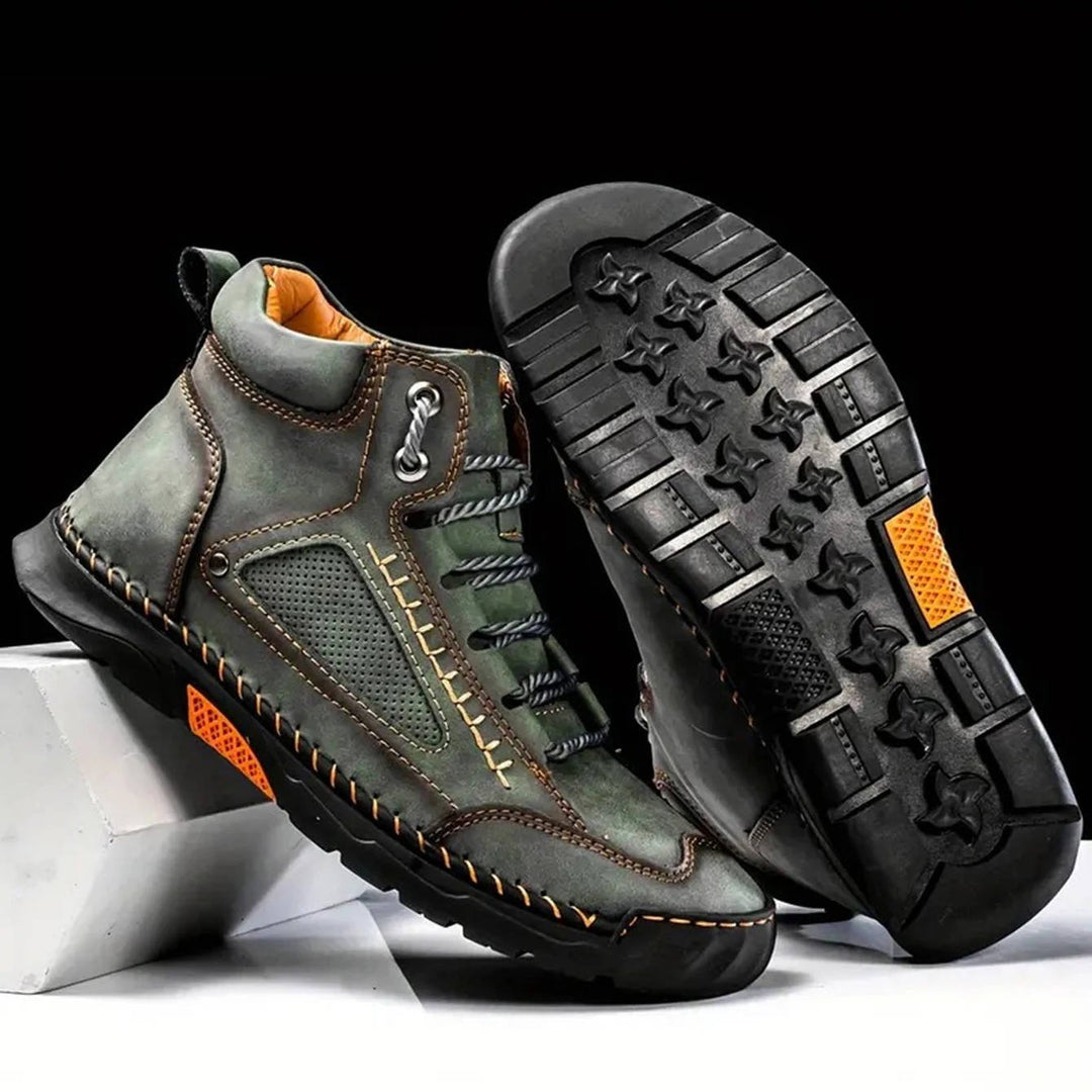 Durable men's outdoor footwear, waterproof for trail hiking with arch support.