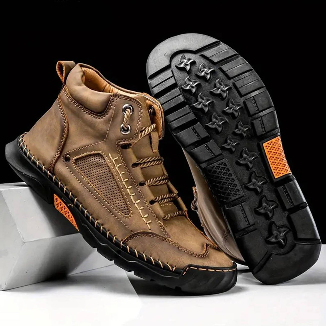 Men's all-weather hiking boots, durable, waterproof, and with arch support.