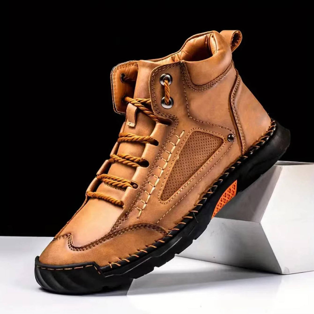 Waterproof men's hiking boots, offering excellent arch support for long treks.
