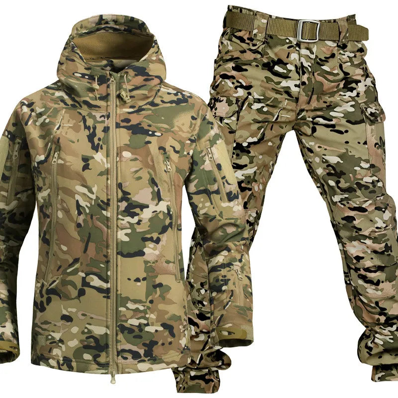 Men's full waterproof outdoor jacket & tactical pants set, providing ultimate outdoor utility.