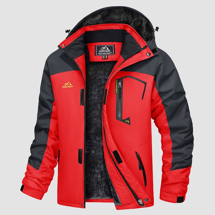 Back of black men's winter coat, highlighting ergonomic fit and vents.