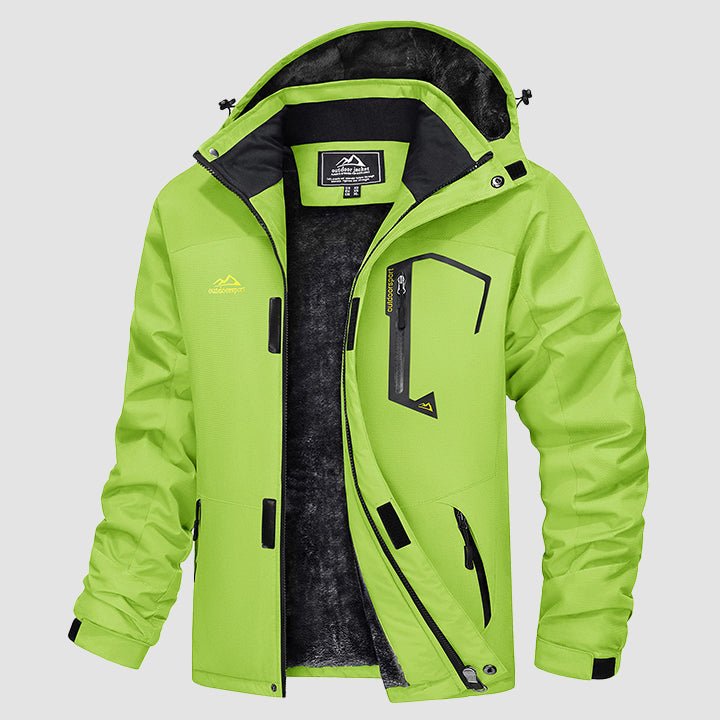 Arm pocket on men's black waterproof jacket, suitable for ski pass.