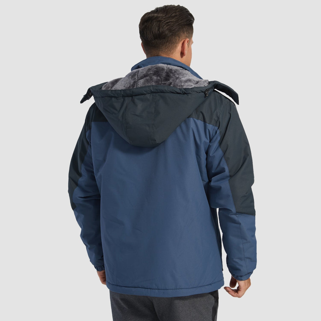 Back view of red men's ski jacket, featuring reflective elements for safety.