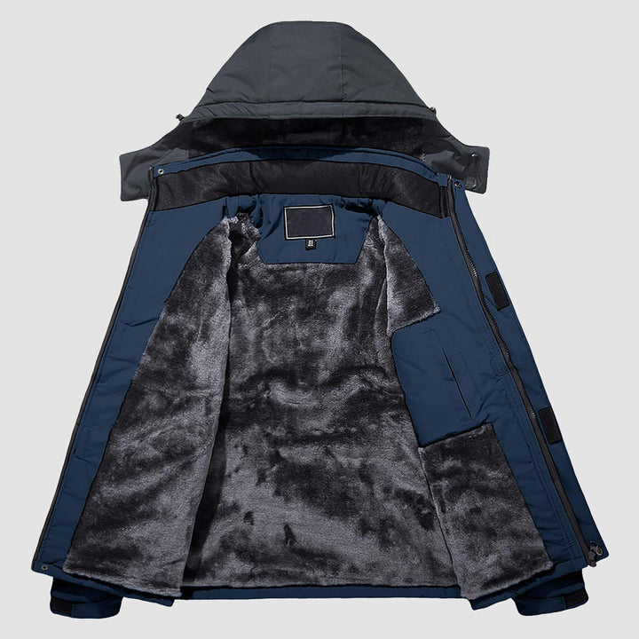 Interior lining of red fleece-lined winter coat, soft and warm.