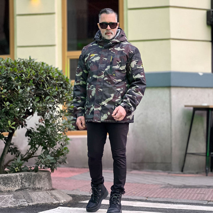 High collar of men's green ski jacket, protection from wind and snow.
