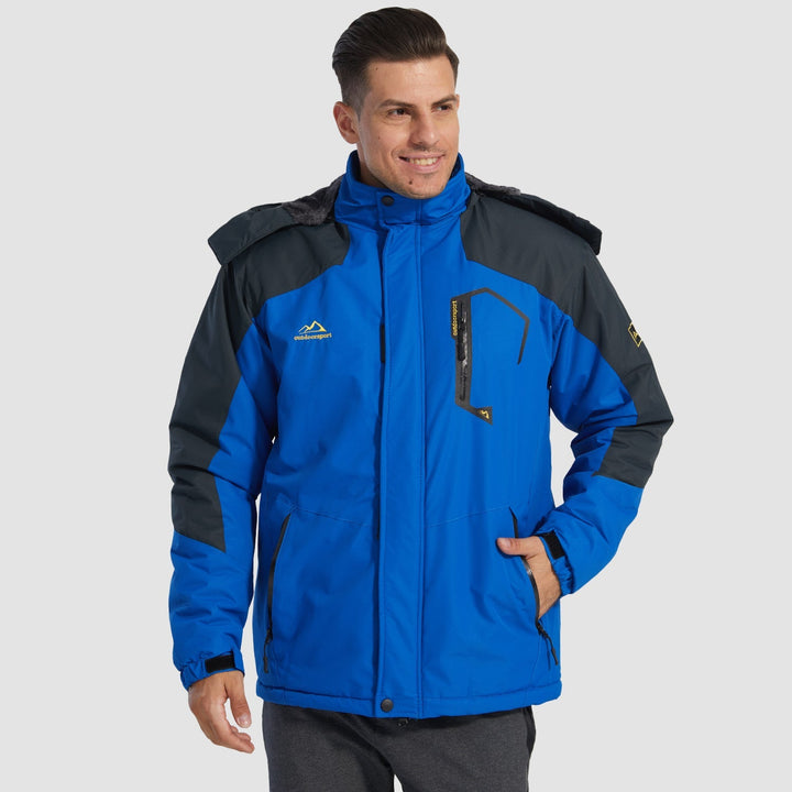 Internal pockets of blue fleece-lined ski jacket, secure storage.