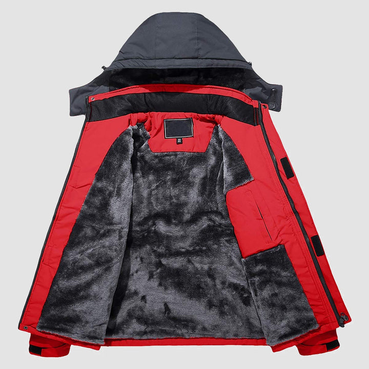 Men's Waterproof Performance Shell Ski Jacket, red, full body, against snow.
