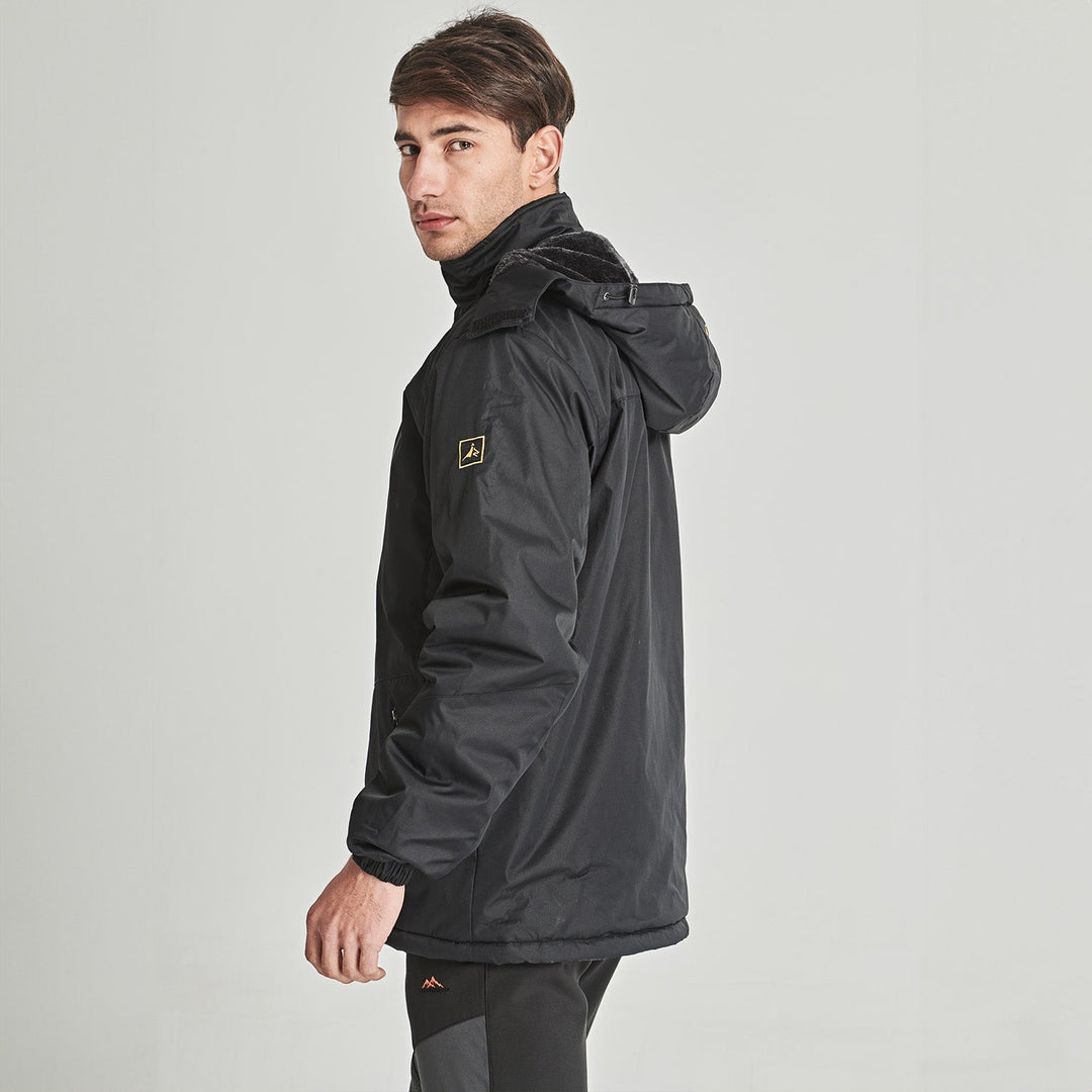 Back of red men's winter coat, streamlined design for active use.