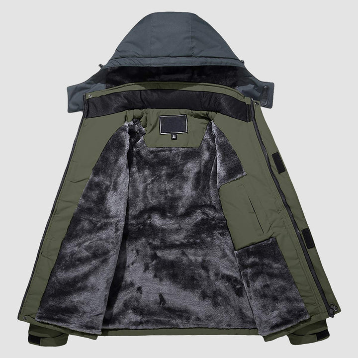 Men's Waterproof Performance Shell Ski Jacket, green, full body, mountain peaks.