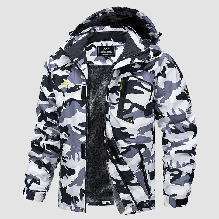 Adjustable hood of men's ski jacket, designed for helmet compatibility.