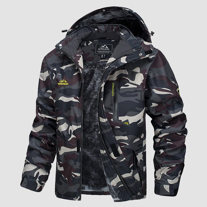 Close-up of black men's ski jacket, showing durable YKK zippers.