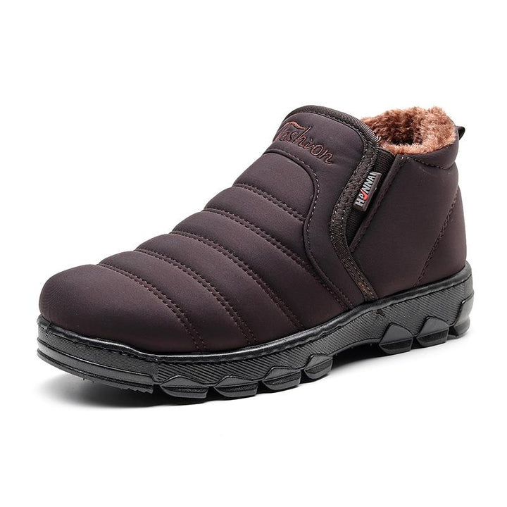 Men's casual waterproof snow boots in black, showcasing velvet lining for ultimate winter warmth