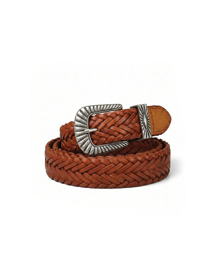 Men's western braided full grain leather belt in dark brown, casual accessory