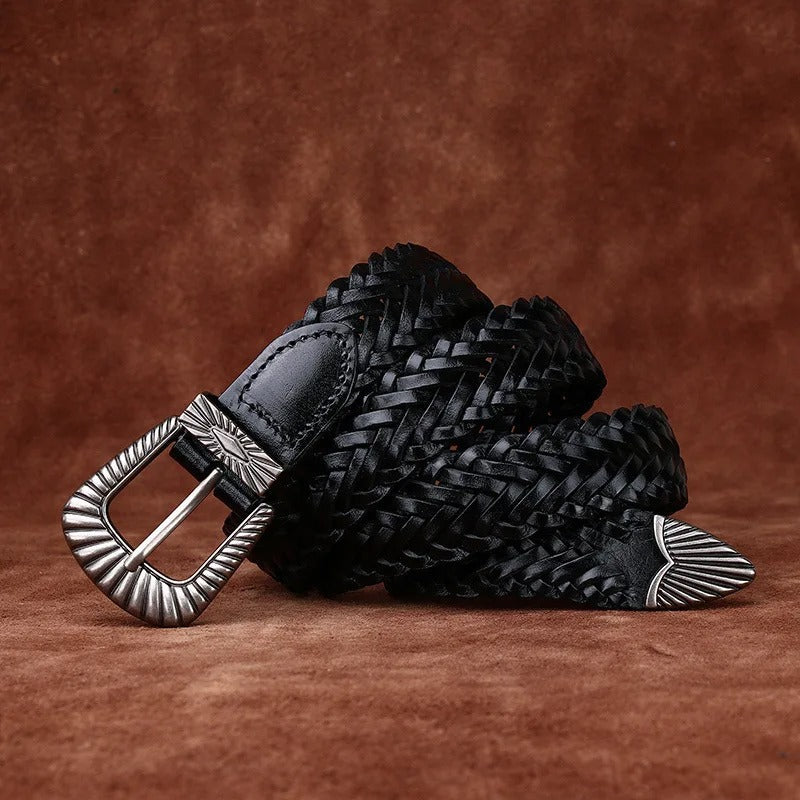 Casual men's dark brown braided leather belt, adjustable and comfortable western style