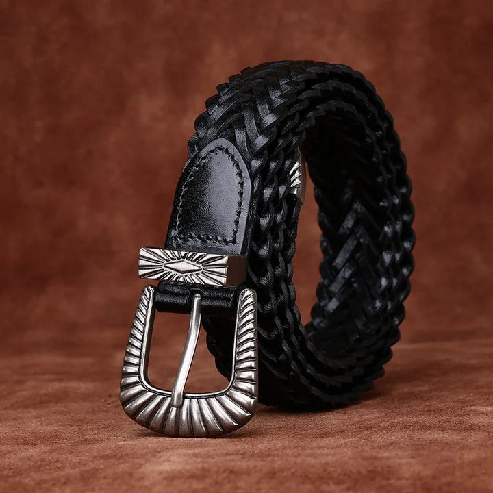 Versatile black braided leather men's belt, full grain, with a distinct western appeal