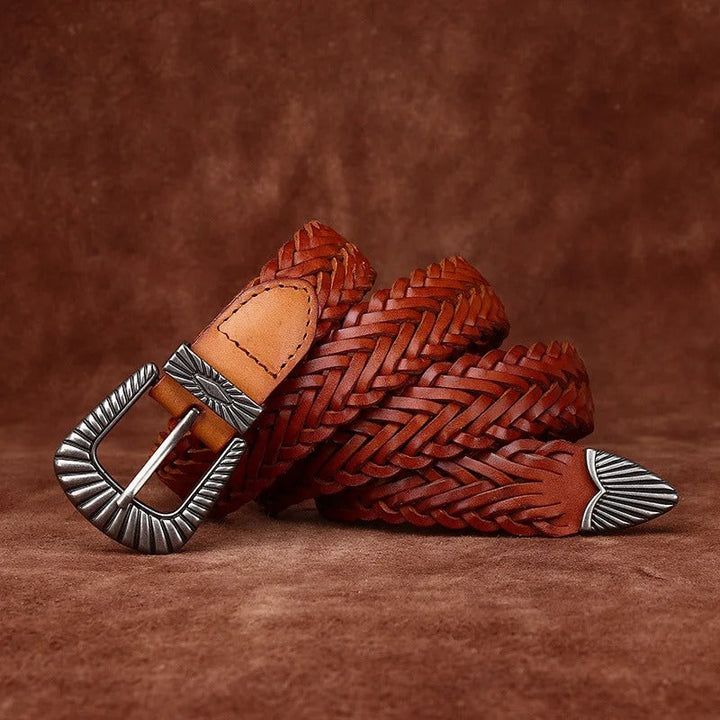 Men's brown braided leather belt, full grain, western style, adjustable for casual wear