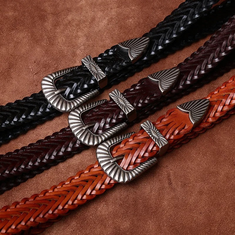 Full view of a men's black braided leather western belt, adjustable buckle design