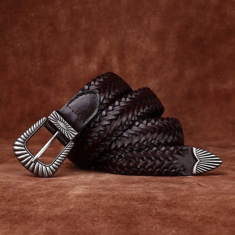 Men's adjustable dark brown braided leather belt, featuring a classic western style