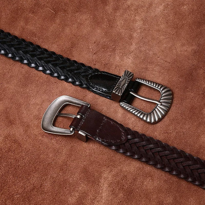 Men's accessory: brown braided leather western belt, durable full grain construction