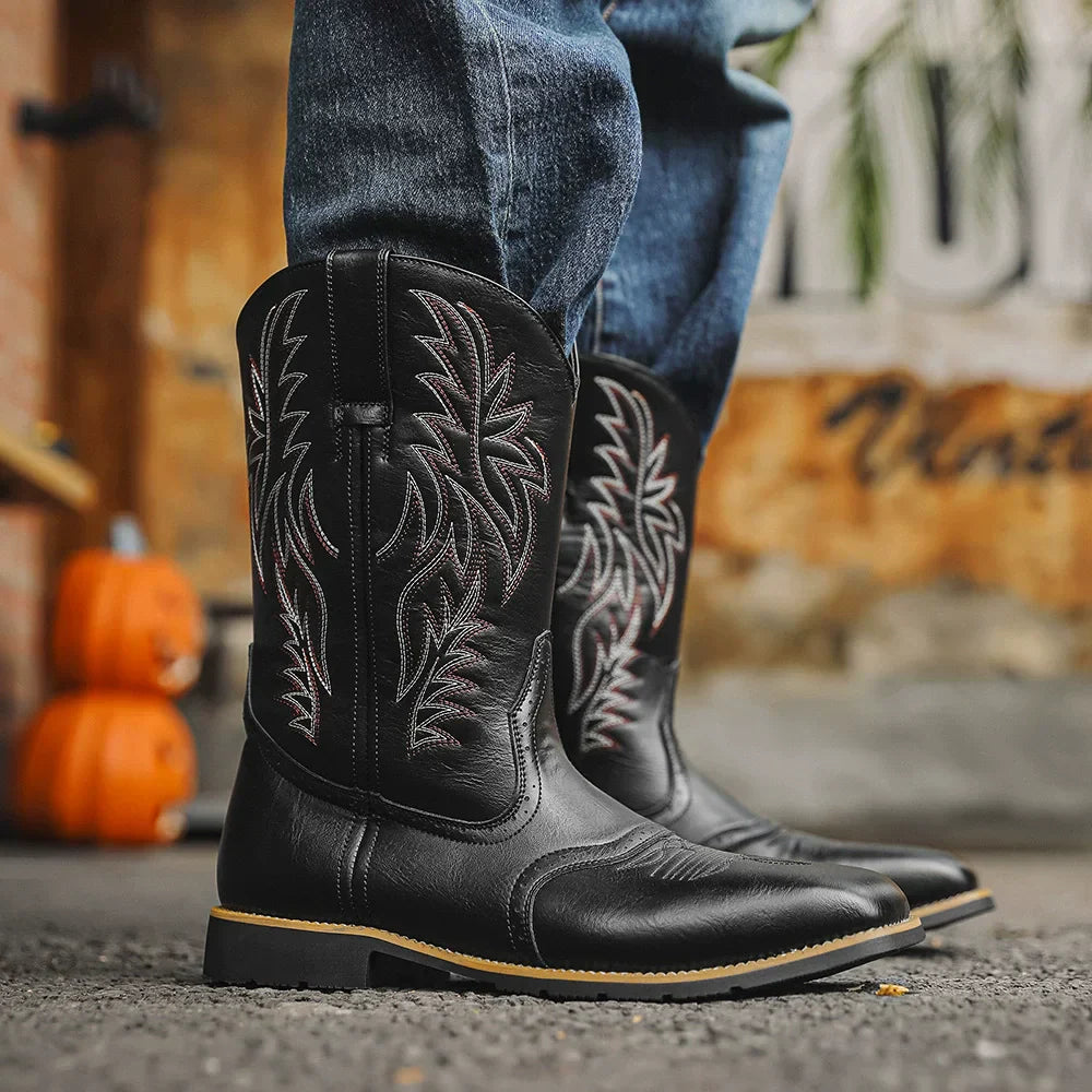 Men's Western Style Leather Cowboy Boots, rugged, pointed toe, durable footwear, casual fashion