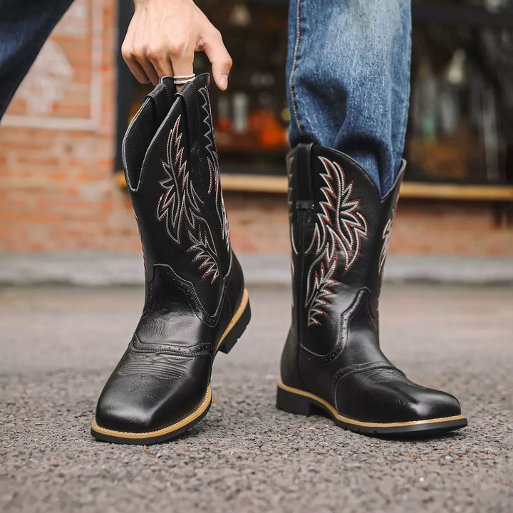 Close-up of Men's Cowboy Boots, rich brown leather, classic Western style, high-quality footwear