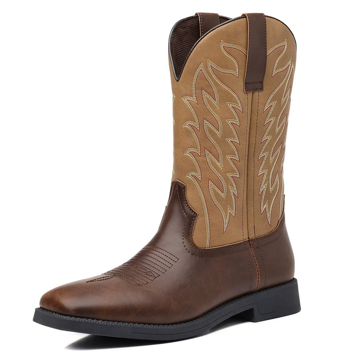 Pair of Men's rugged cowboy boots in Western style, high shaft, perfect for outdoor fashion