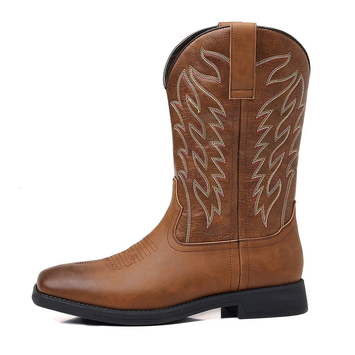 Full view of Men's durable Western style cowboy boots, designed for comfort and long-lasting wear