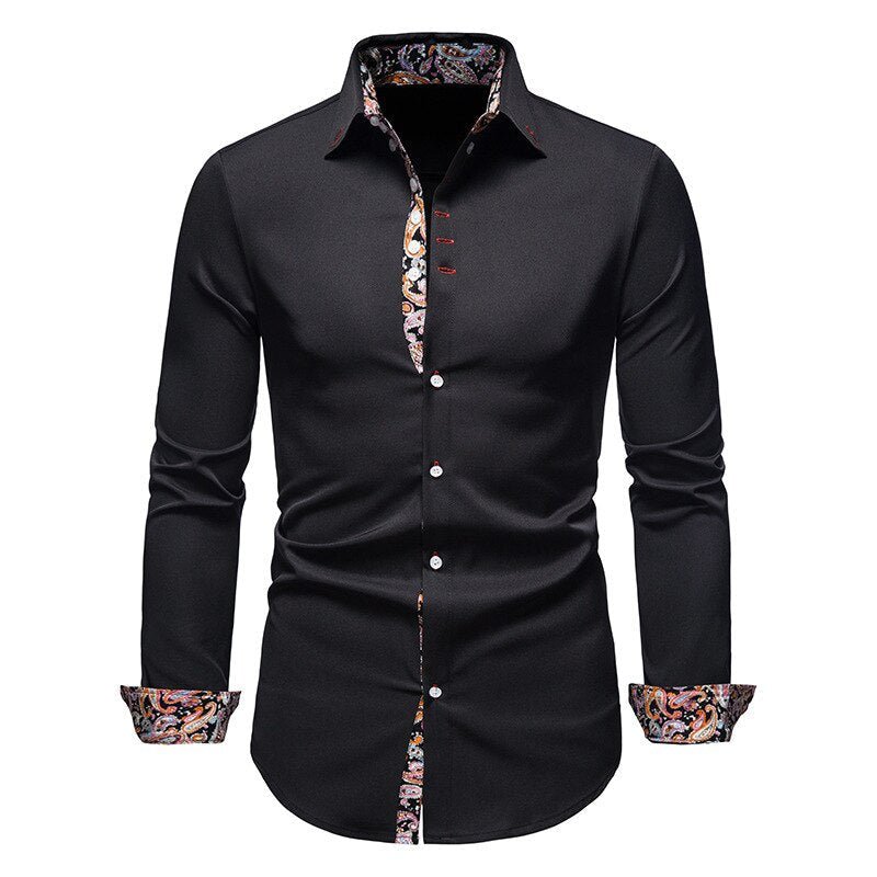 Men's formal white shirt with contrasting patterned cuffs, versatile for various occasions.