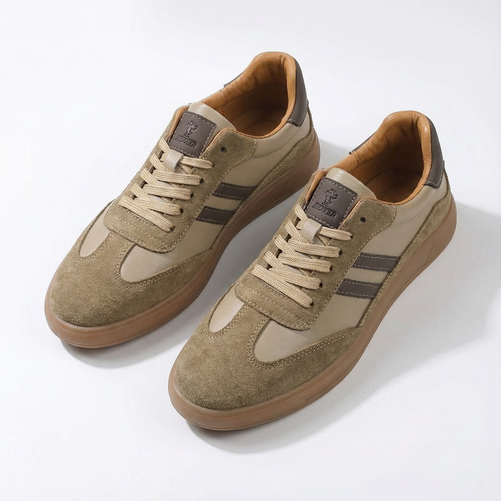 Brown men's everyday sneakers, versatile for casual wear, with a leather mesh upper and a gum sole finish.