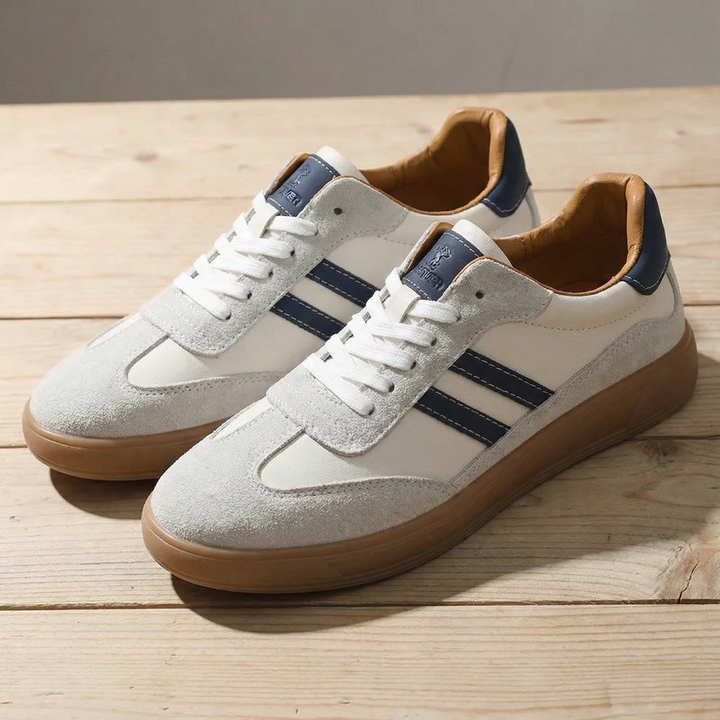 Brown men's athletic casual trainer sneakers, featuring leather and mesh upper with a durable gum sole.
